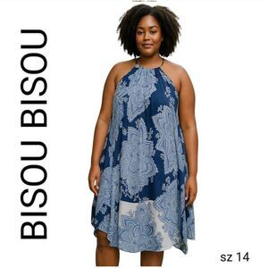 Blue & White Patterned Flowy Sheer Hankerchief Style Gold Metal Necklace Dress